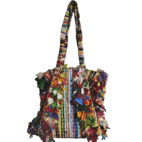 Bohemian Poly  Silk Rag Tote Bag Multicolor OS - Picture 1 of 4